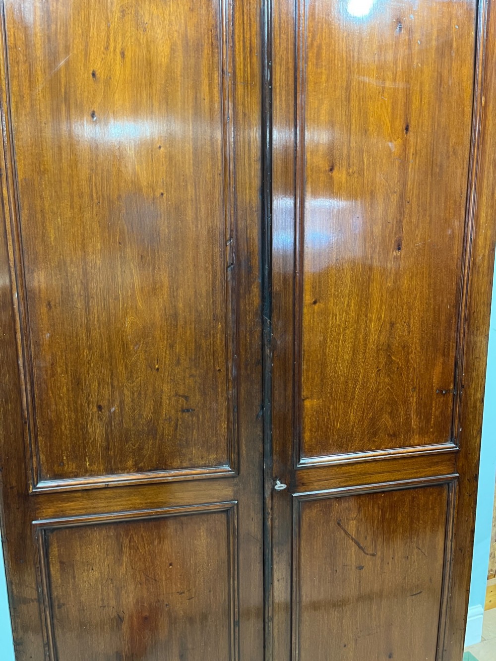 A tall, slim 19th-century mahogany cupboard featuring twin panelled doors and a solid plinth base. View III