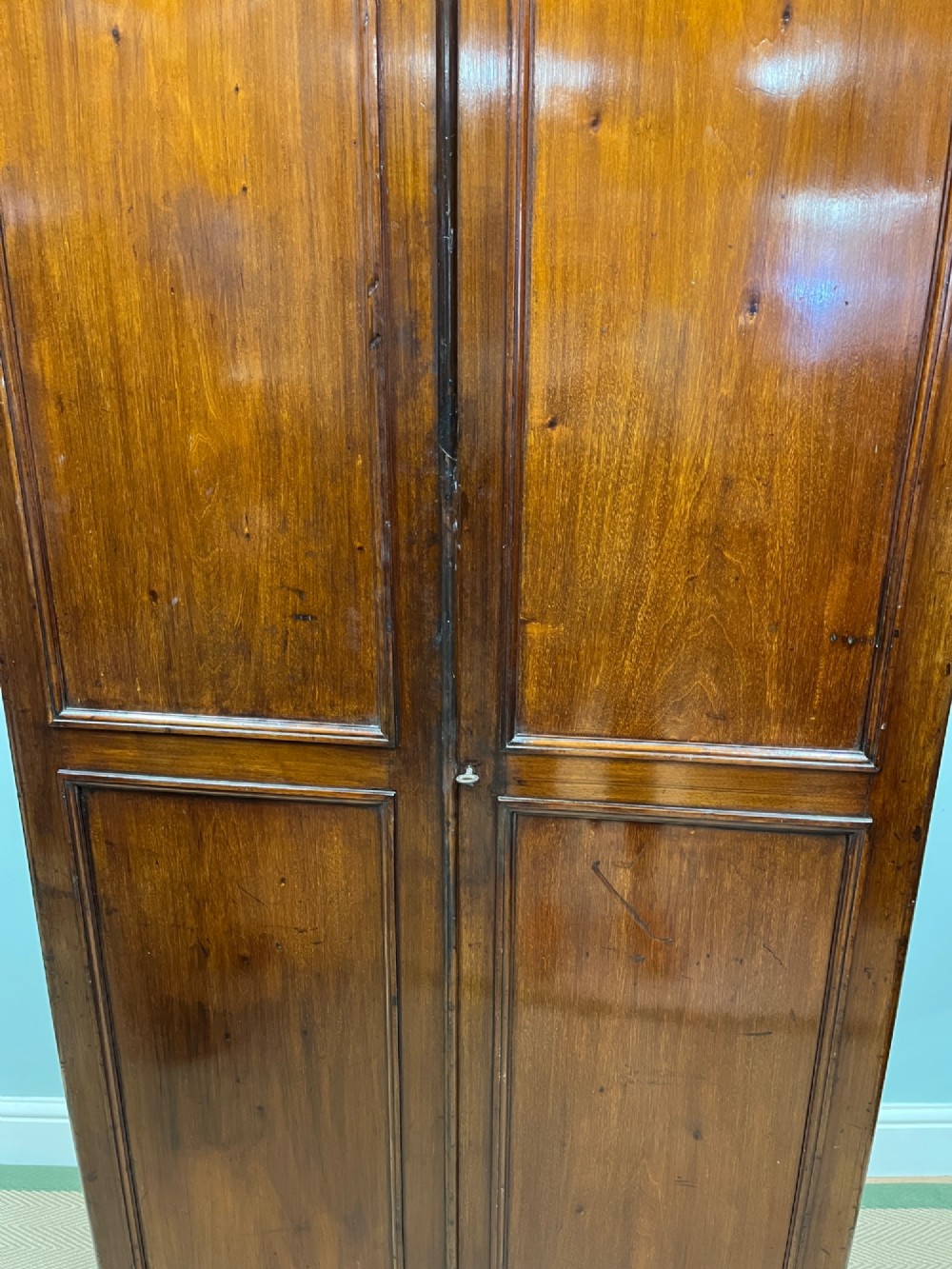 A tall, slim 19th-century mahogany cupboard featuring twin panelled doors and a solid plinth base. View VI