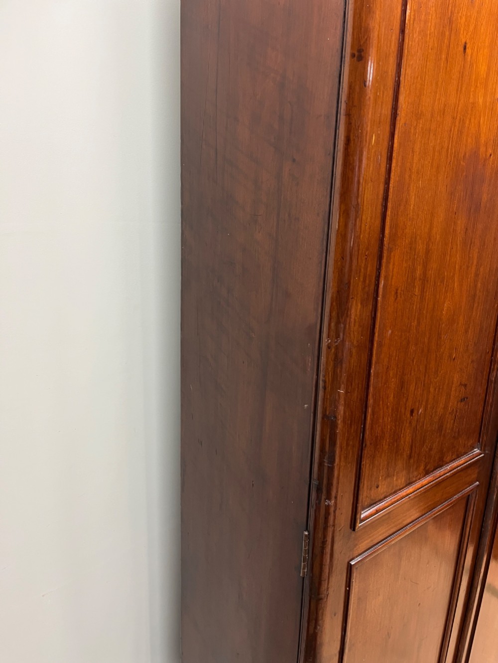 A tall, slim 19th-century mahogany cupboard featuring twin panelled doors and a solid plinth base. View IX