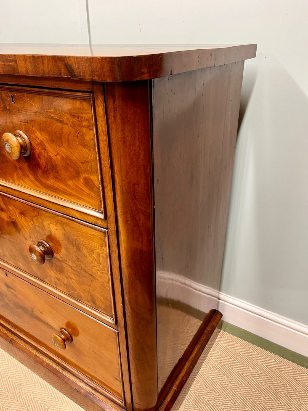 A 19th-century mahogany chest of drawers featuring two short upper drawers above two long lower drawers, set on a solid plinth base. View VIII