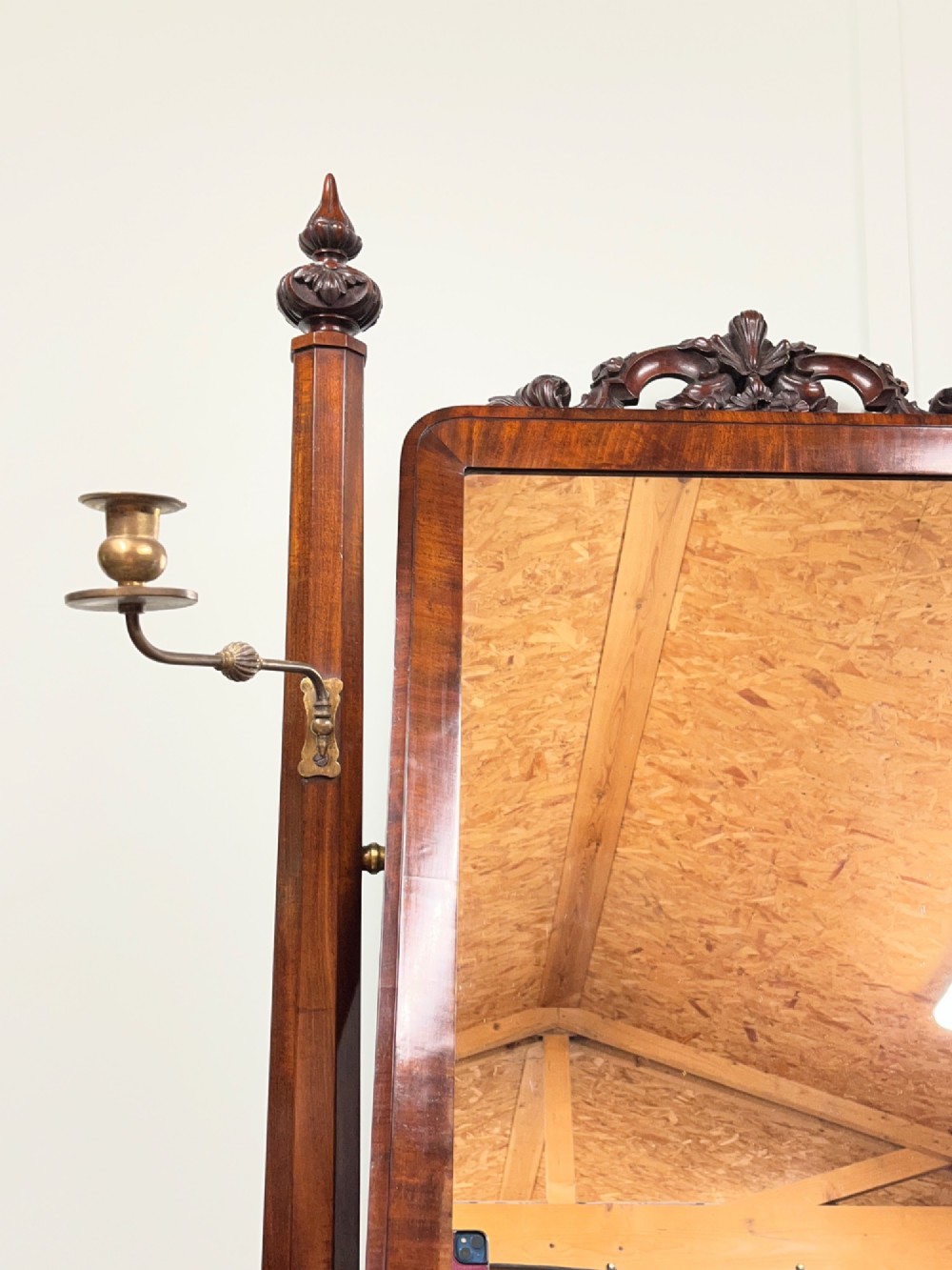 A 19th-century mahogany swing toilet mirror featuring carved support columns, two attached brass candle sconces, and a serpentine plinth base. View III