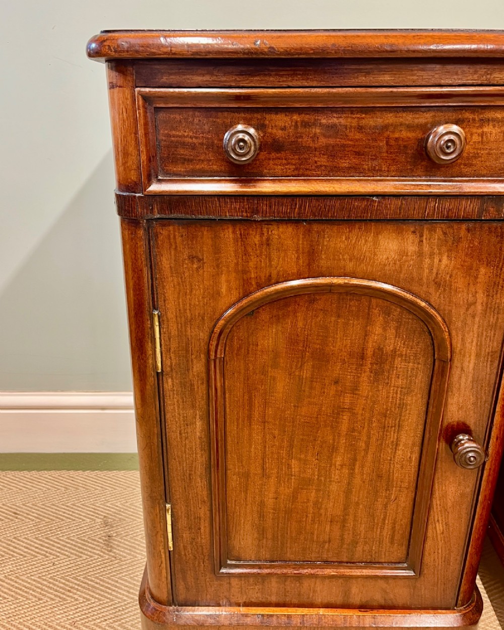 A matching pair of 19th-century polished mahogany bedside cupboards featuring top drawers, arched panel doors, and plinth bases. View III