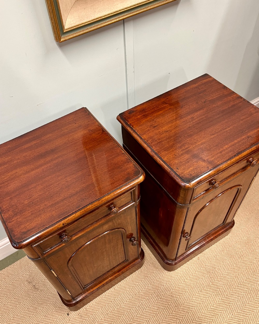 A matching pair of 19th-century polished mahogany bedside cupboards featuring top drawers, arched panel doors, and plinth bases. View IV