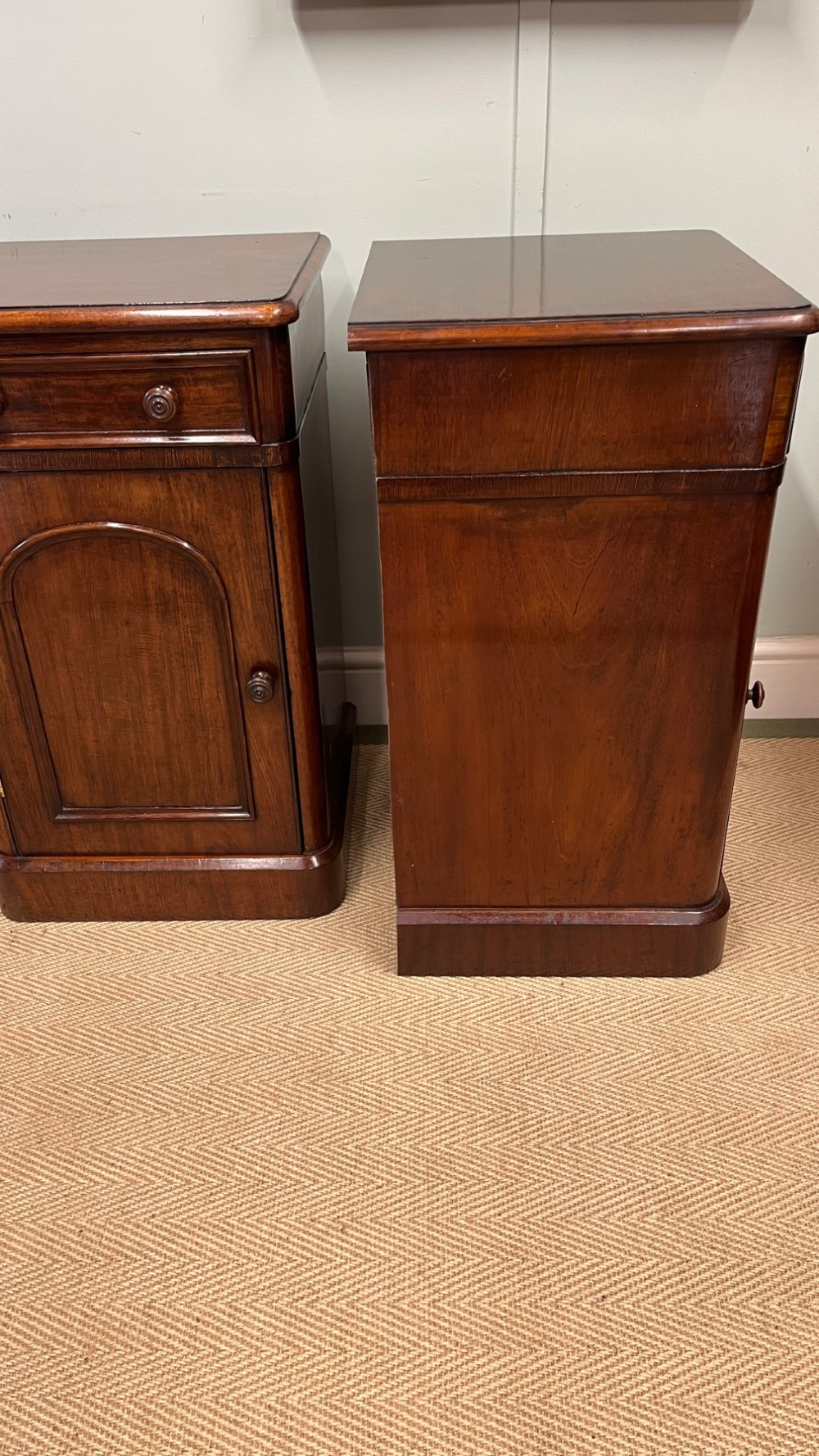 A matching pair of 19th-century polished mahogany bedside cupboards featuring top drawers, arched panel doors, and plinth bases. View V