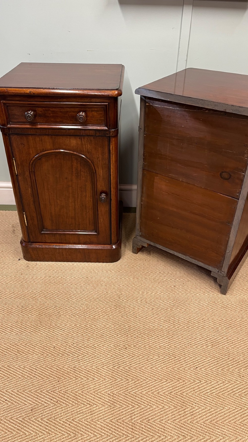 A matching pair of 19th-century polished mahogany bedside cupboards featuring top drawers, arched panel doors, and plinth bases. View VI