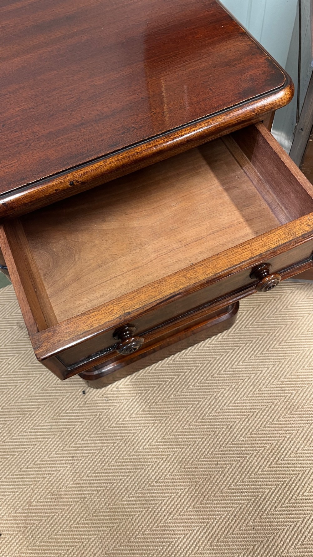 A matching pair of 19th-century polished mahogany bedside cupboards featuring top drawers, arched panel doors, and plinth bases. View VII