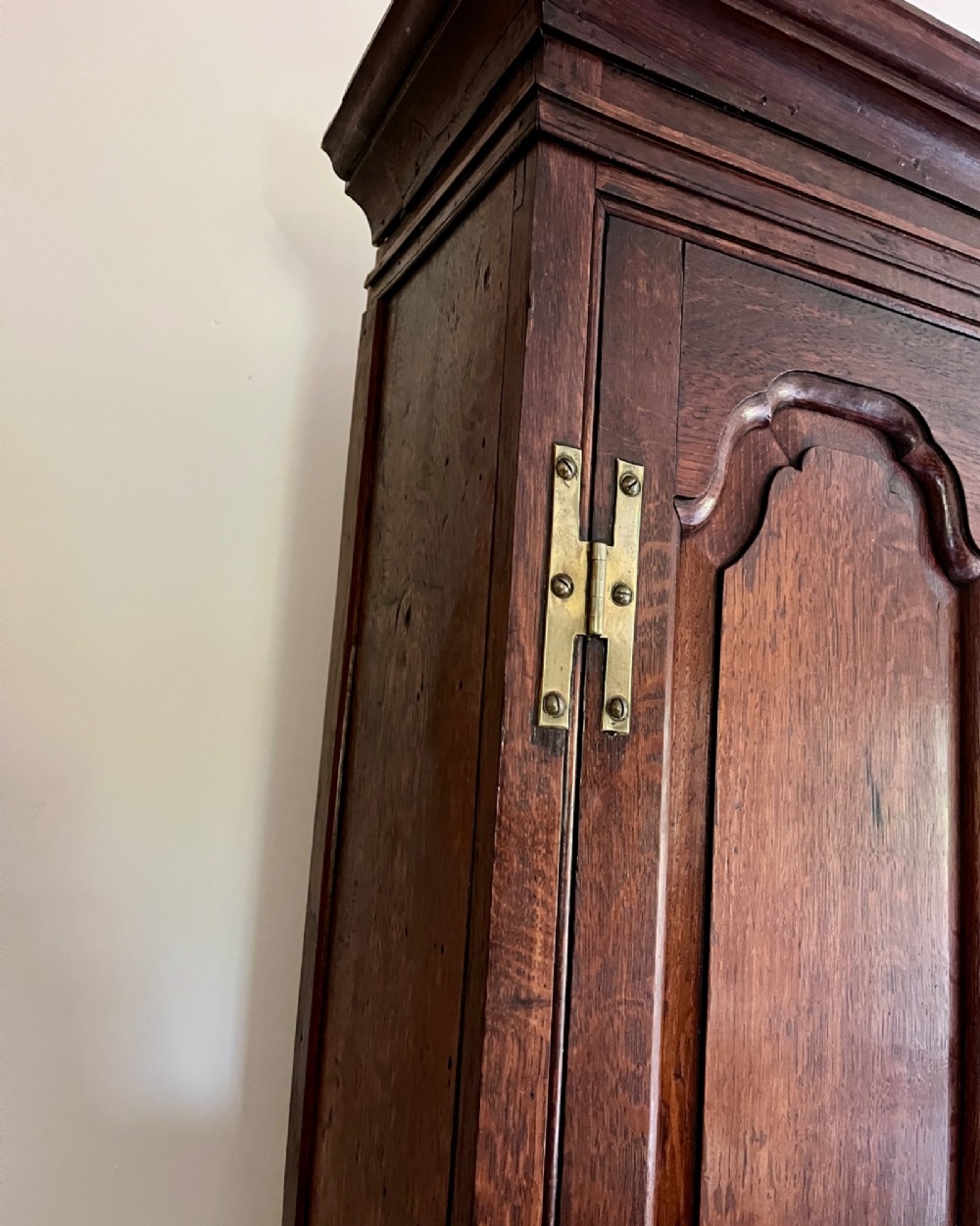 An eighteenth-century dark oak wall cupboard featuring twin arched fielded panel doors and prominent brass H-hinges. View IV