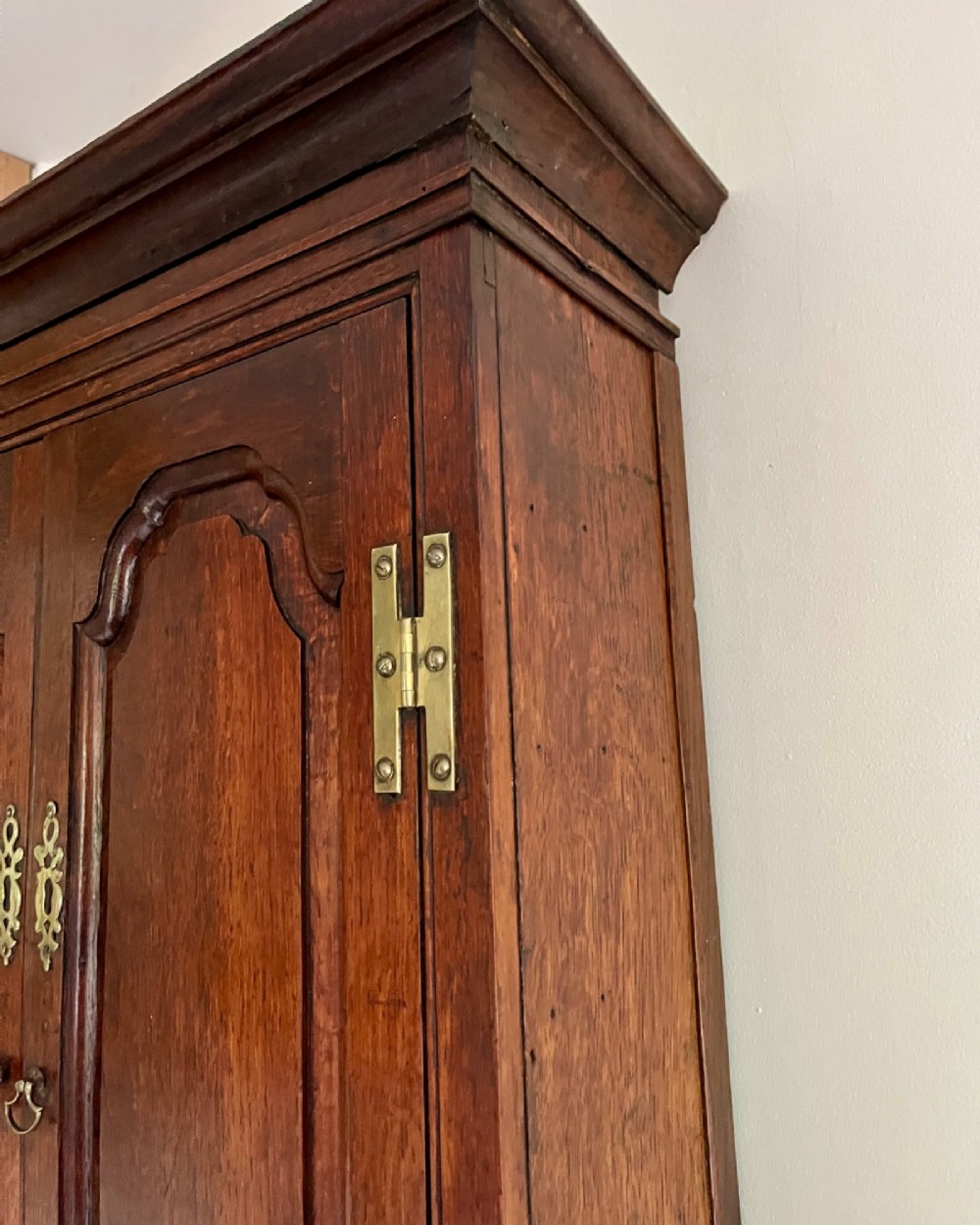An eighteenth-century dark oak wall cupboard featuring twin arched fielded panel doors and prominent brass H-hinges. View V