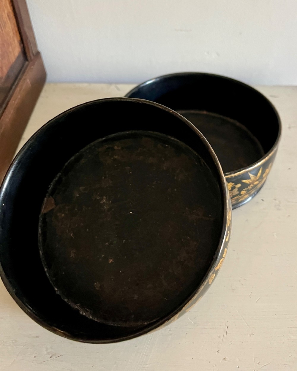 A pair of circular black lacquered papier-mache wine coasters decorated with hand-painted gold botanical and dragonfly motifs. View V
