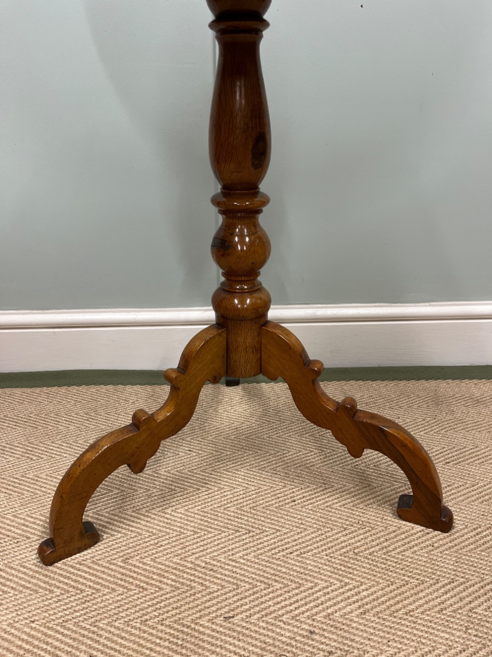 A 19th-century round tilt-top games table with geometric wood parquetry, a central chessboard inlay, a turned central column, and a tripod pedestal base. View VI