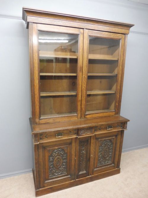 Large Victorian Carved Oak Glazed Bookcase Circa 1890
