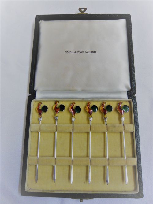Mappin & Webb Solid Silver Cocktail Sticks with Enamel Cockerel Shaped Finials Circa 1920