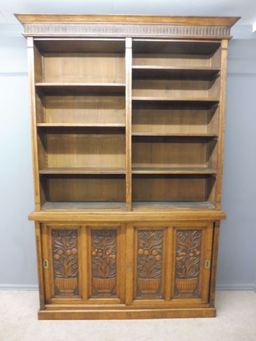 Large Oak Open Top Bookcase with Carved Fruit Tree Doors Circa 1900