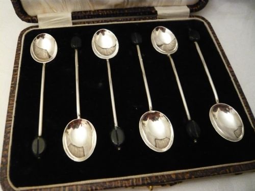 Silver Coffee Bean Spoons Stylish Boxed Set of 6 Circa 1924