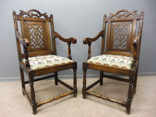 Superb Pair of Oak 19th Century Gothic Inspired Arts and Crafts Armchairs