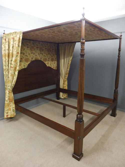 Super King Size Four Poster Canopy Bed Mahogany C1920 with Drapes Curtains & Bed Cover