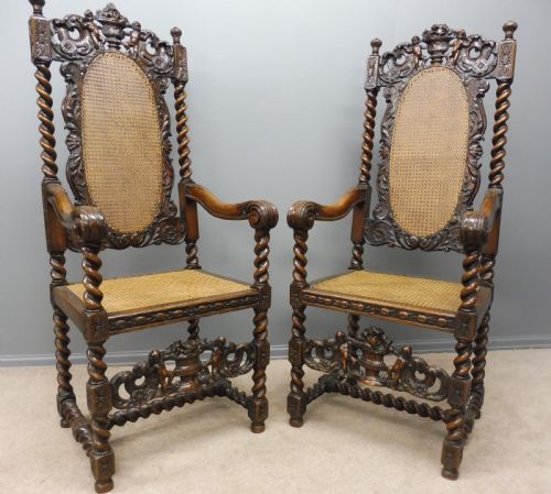 2 Beautifully Carved Oak 19th Century Top Quality Carolean Armchairs