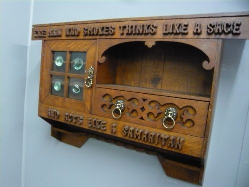 fig 1. ARTS AND CRAFTS CARVED OAK GLAZED WALL CABINET 1910