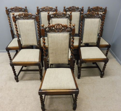Set of 8 Oak Edwardian Period Crown Top Dining Chairs