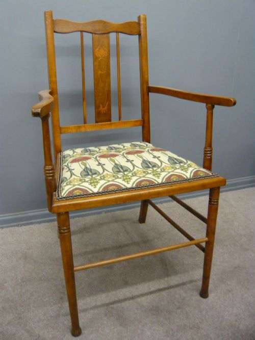Stylish Arts and Crafts Satinwood Inlaid Elbow Desk Chair C 1890