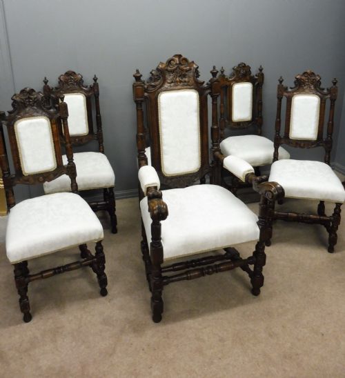 Six Victorian Carved Oak Dining Chairs