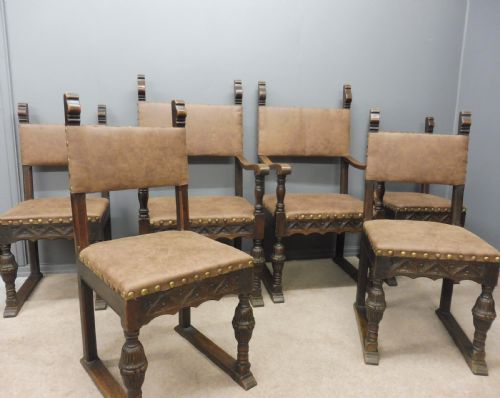 Six  Carved Oak Baronial Style Dining Chairs Circa 1900