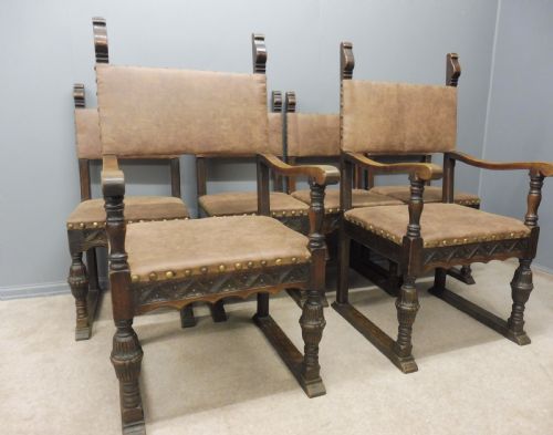 fig 1. SIX  CARVED OAK BARONIAL STYLE DINING CHAIRS CIRCA 1900
