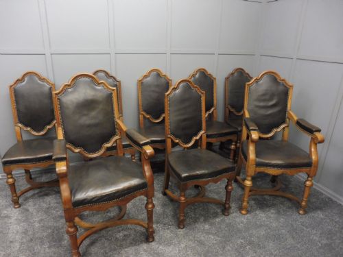 Set of 8 Edwardian Oak and Leather Dining Chairs