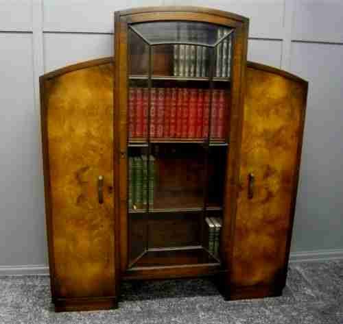 Art Deco C1930 Walnut 3 Door Bookcase Display Cabinet