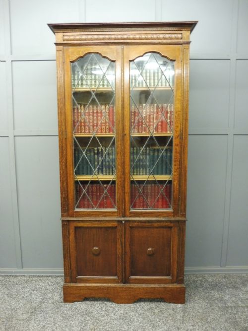 Oak Bookcase with Leaded Glass Doors