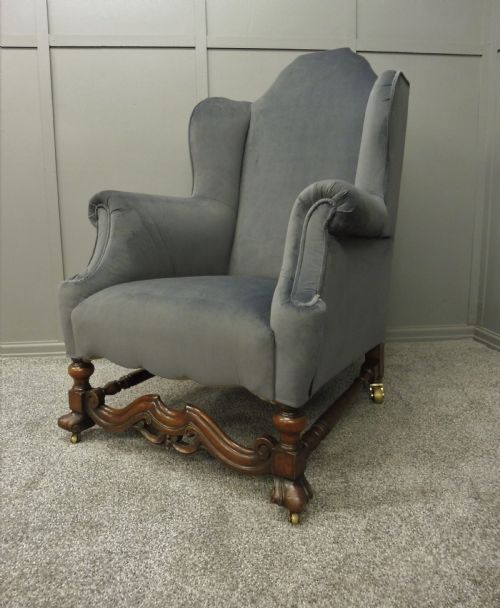 Newly Upholstered 19th Century Walnut Wing Armchair