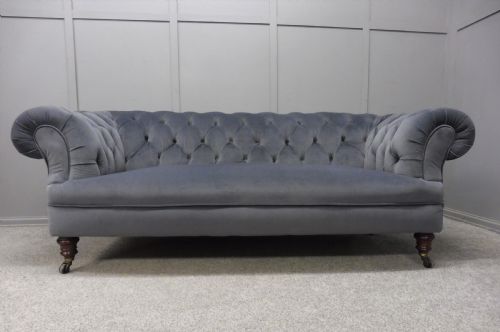 Victorian Chesterfield Sofa Newly  Upholstered in Slate Grey Velvet