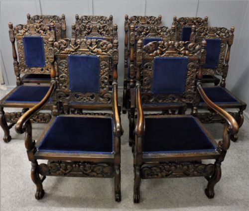Set of Ten Carved Walnut Cherub Dining Chairs