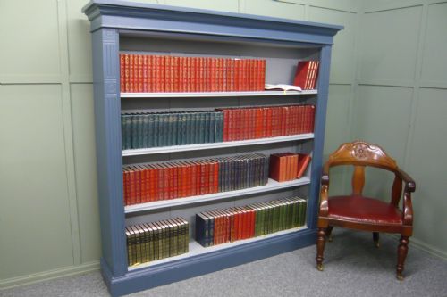 Large Victorian Painted Oak Open Bookcase French Blue Grey C1890
