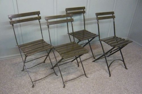 4 X Edwardian Green Folding French Cafe Cricket Pavilion Chairs C 1910