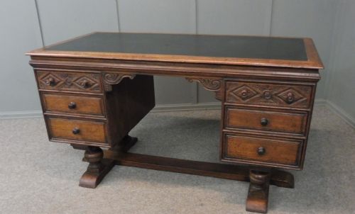 Tudor Style Distressed Oak Pedestal Desk