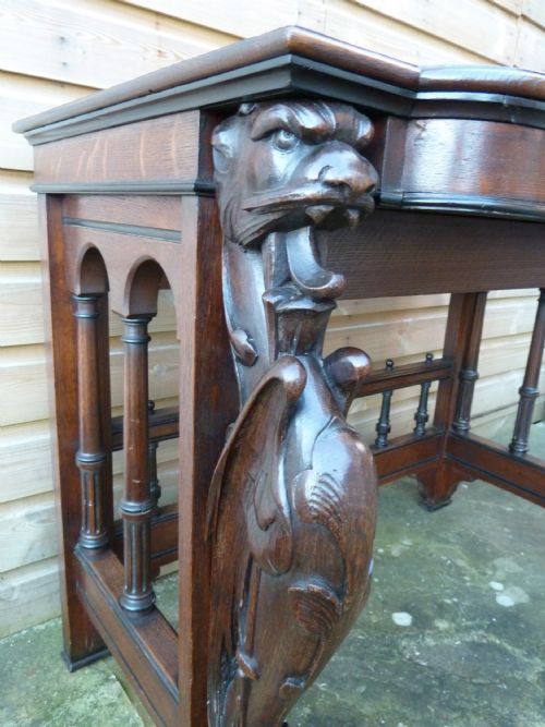 VICTORIAN OAK WRITING TABLE WITH GRIFFIN MOUNTS - ADDITIONAL PHOTO 9