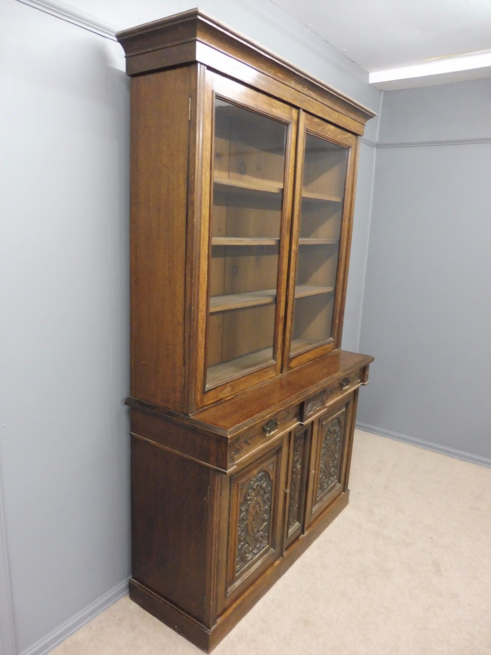 LARGE VICTORIAN CARVED OAK GLAZED BOOKCASE CIRCA 1890 View III
