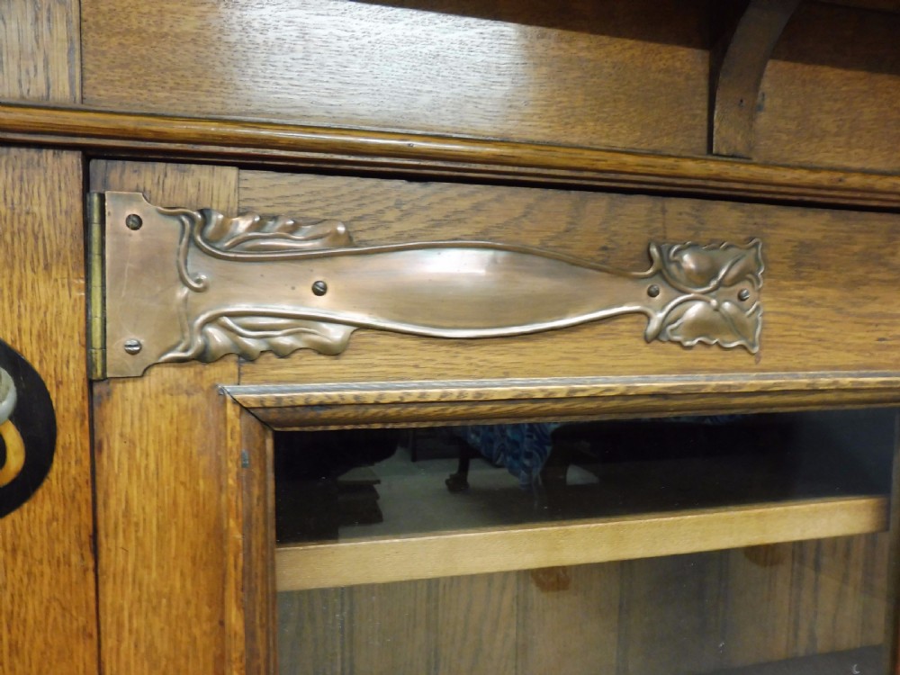STUNNING ARTS AND CRAFTS OAK INLAID GLAZED BOOKCASE CIRCA 1900 View VIII