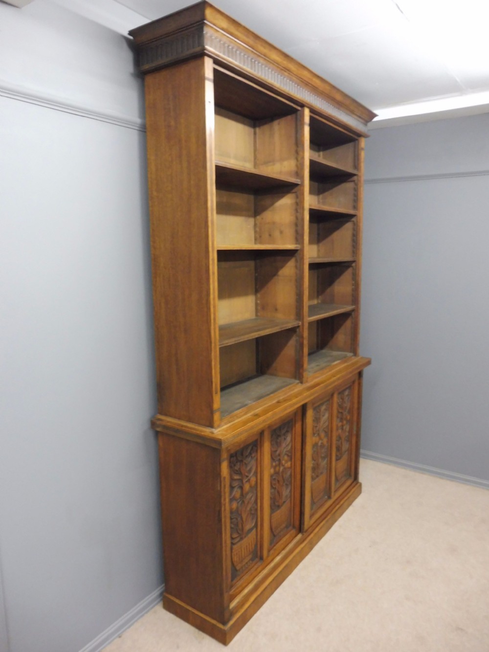 LARGE OAK OPEN TOP BOOKCASE WITH CARVED FRUIT TREE DOORS CIRCA 1900 View III