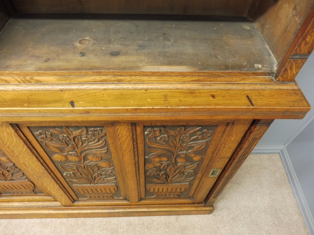 LARGE OAK OPEN TOP BOOKCASE WITH CARVED FRUIT TREE DOORS CIRCA 1900 View VI