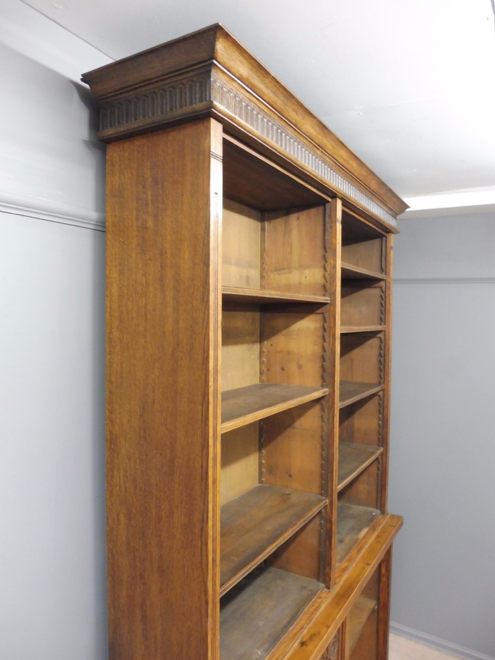 LARGE OAK OPEN TOP BOOKCASE WITH CARVED FRUIT TREE DOORS CIRCA 1900 View XI