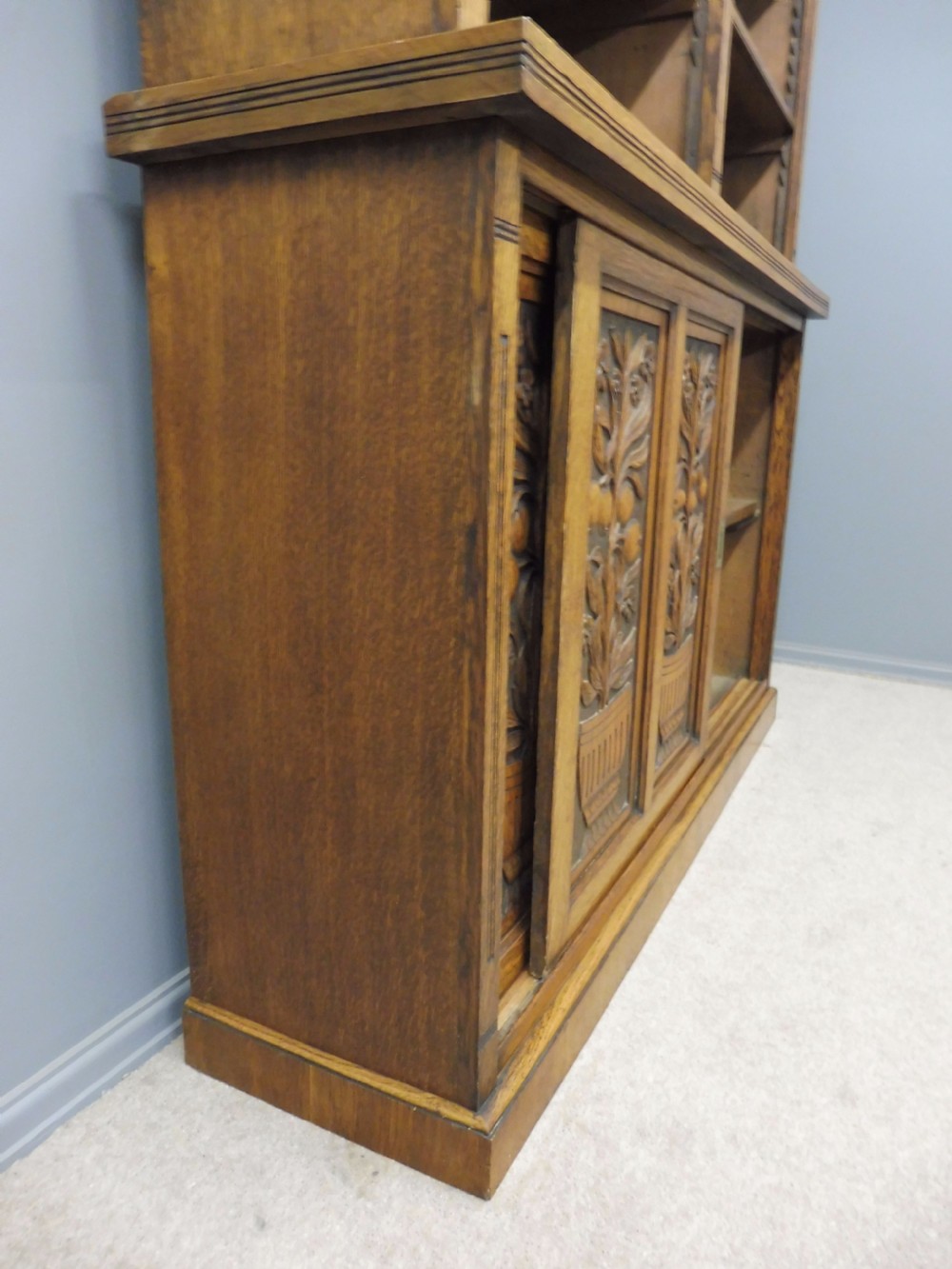 LARGE OAK OPEN TOP BOOKCASE WITH CARVED FRUIT TREE DOORS CIRCA 1900 View XII
