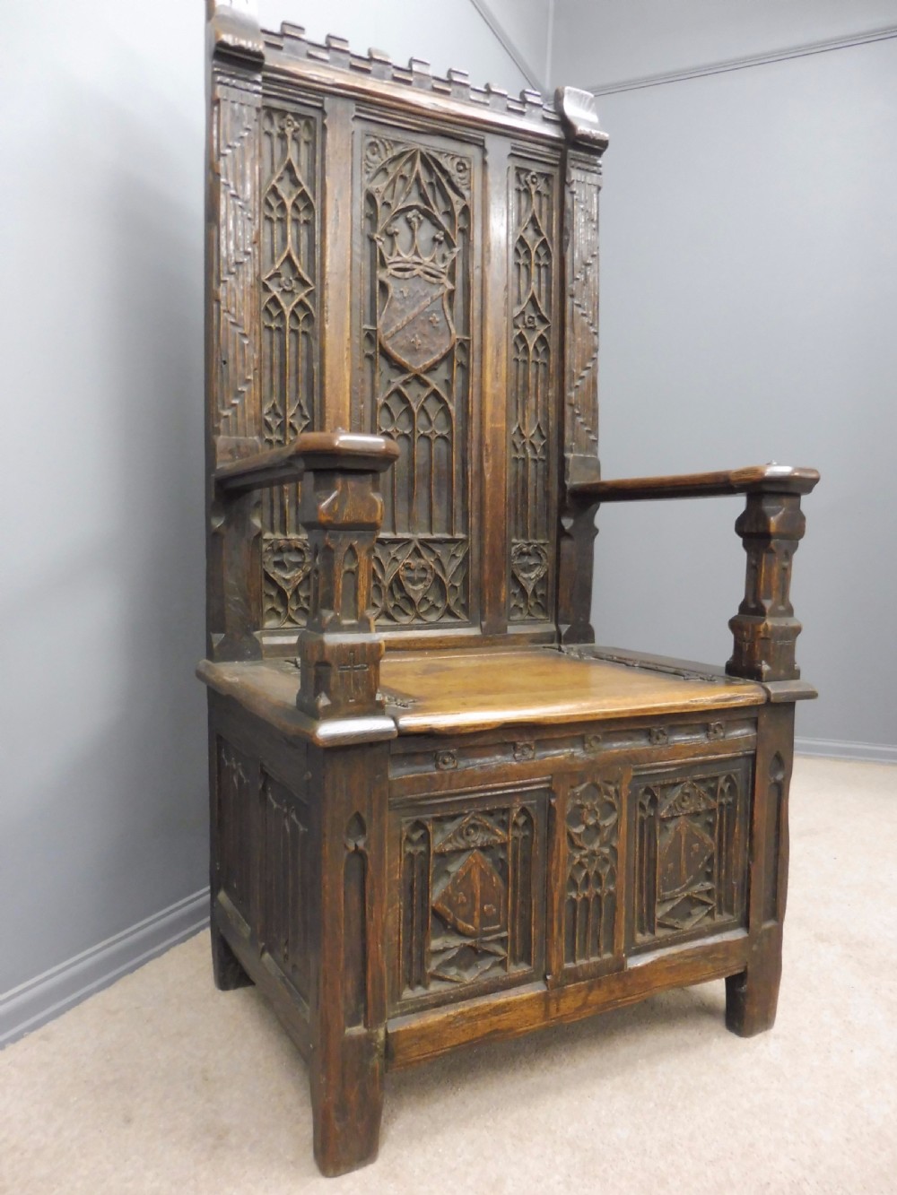 ABSOLUTELY STUNNING 19th CENTURY OAK GOTHIC BOX CHAIR CIRCA 1880