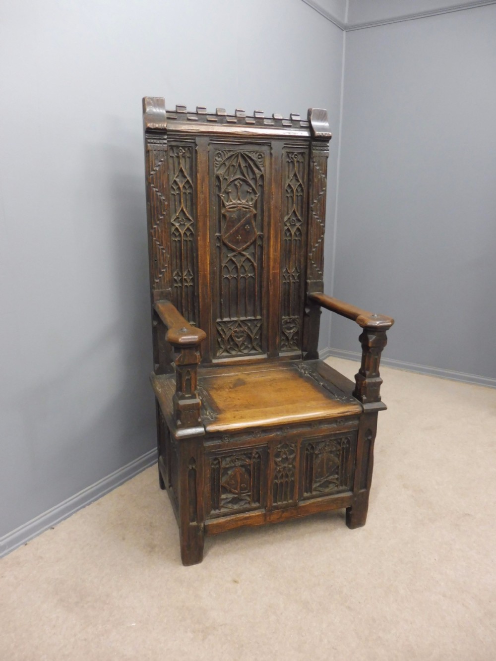ABSOLUTELY STUNNING 19th CENTURY OAK GOTHIC BOX CHAIR CIRCA 1880 View II