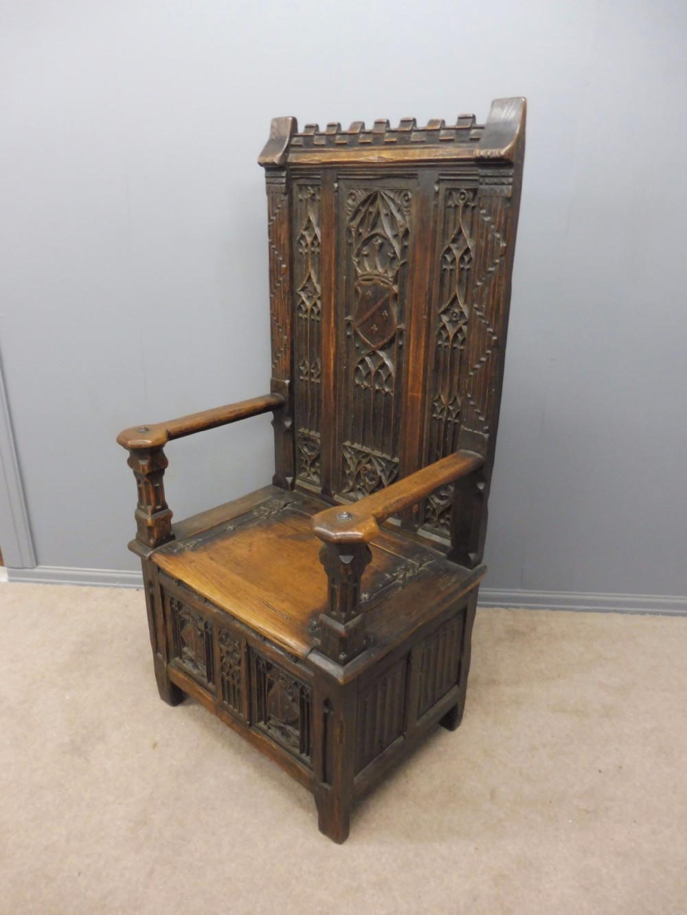 ABSOLUTELY STUNNING 19th CENTURY OAK GOTHIC BOX CHAIR CIRCA 1880 View III