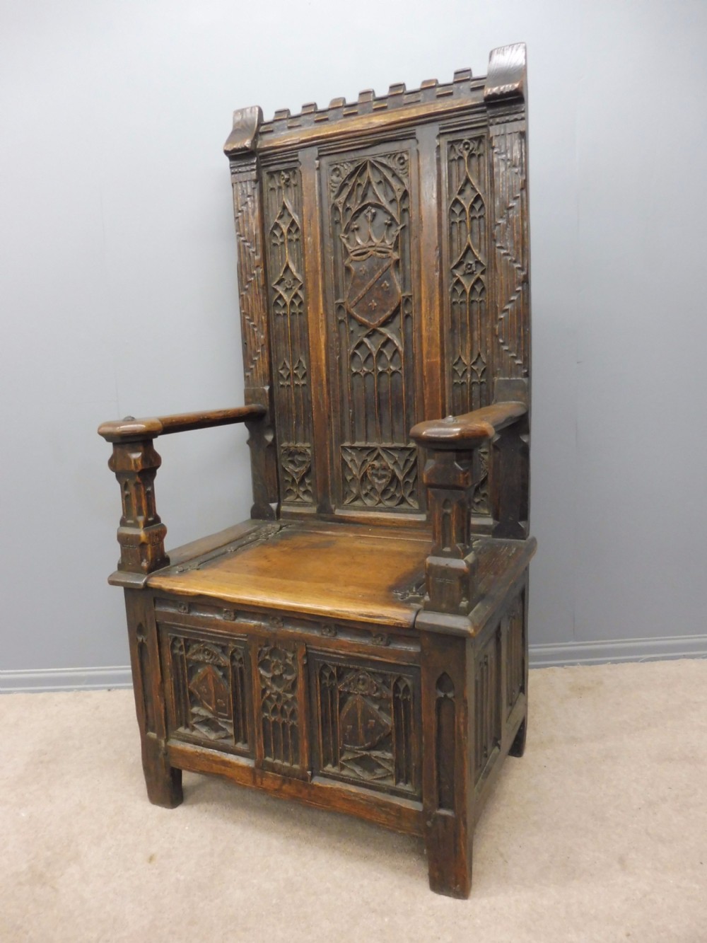 ABSOLUTELY STUNNING 19th CENTURY OAK GOTHIC BOX CHAIR CIRCA 1880 View IV