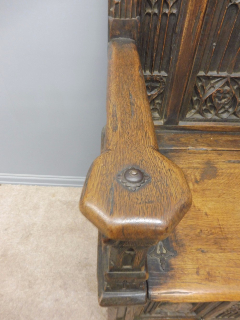 ABSOLUTELY STUNNING 19th CENTURY OAK GOTHIC BOX CHAIR CIRCA 1880 View XVIII