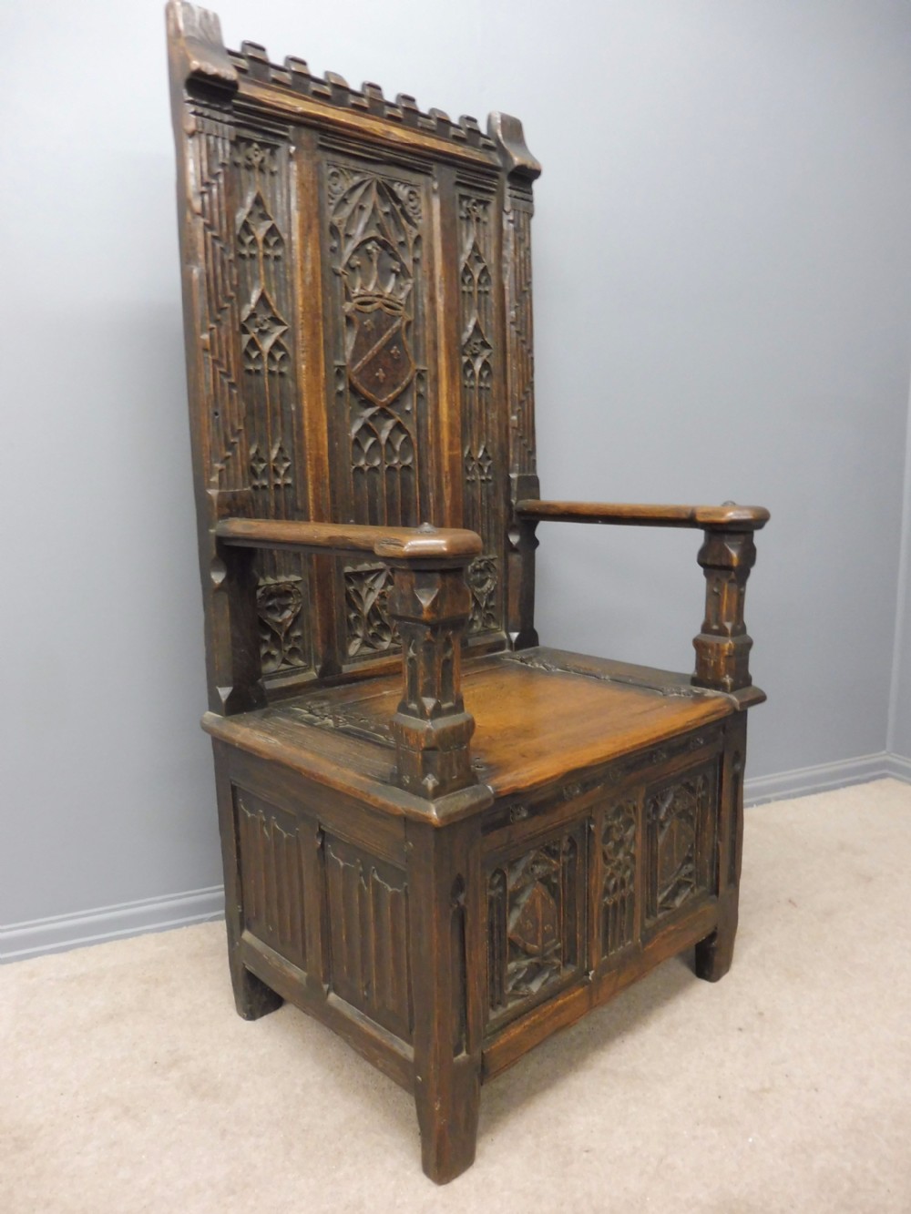 ABSOLUTELY STUNNING 19th CENTURY OAK GOTHIC BOX CHAIR CIRCA 1880 View XXII