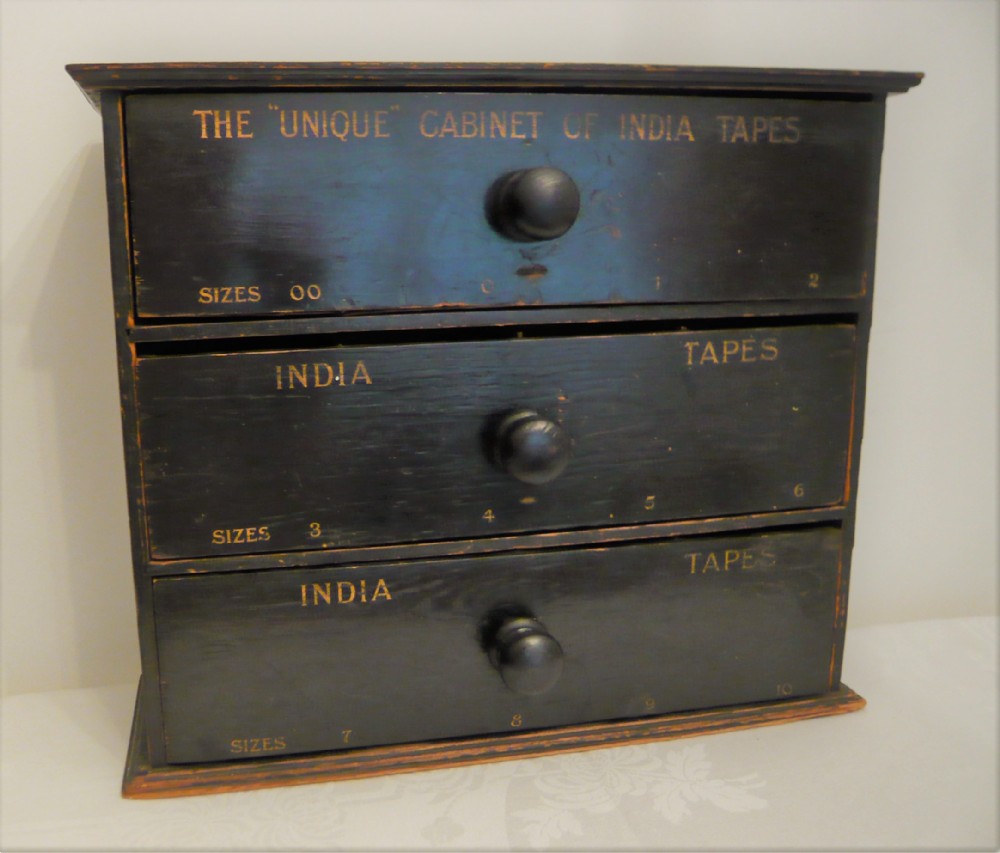 c1920 INDIA TAPE 3 DRAWER CABINET RETAIL SHOP CABINET RARE MINIATURE DRAWERS